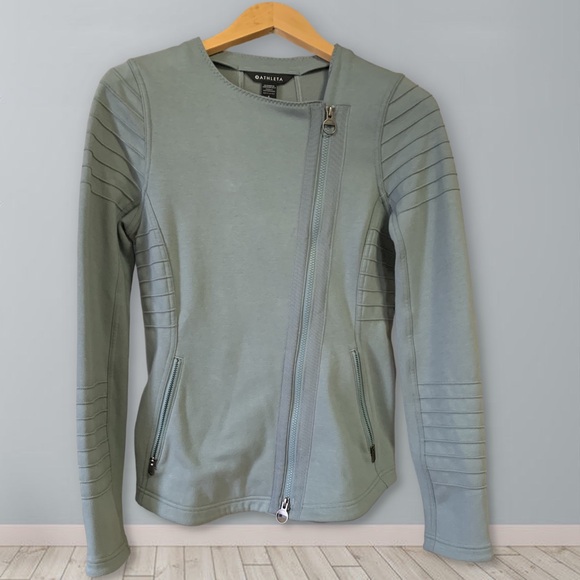 NWOT Athleta Jacket Women's Green Cotton Blend Asymmetric Zip Jacket S - Picture 2 of 13